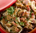 Tagliatelle mit Pilzen nd Rumpsteak