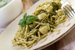 Pasta: trofie al pesto. Basil sauce, potatoes and green beans