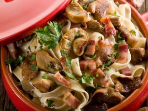Tagliatelle mit Pilzen nd Rumpsteak